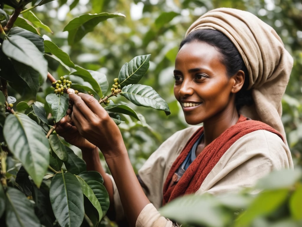 Create a typical ethiopian woman picking coffee from a coffee bush