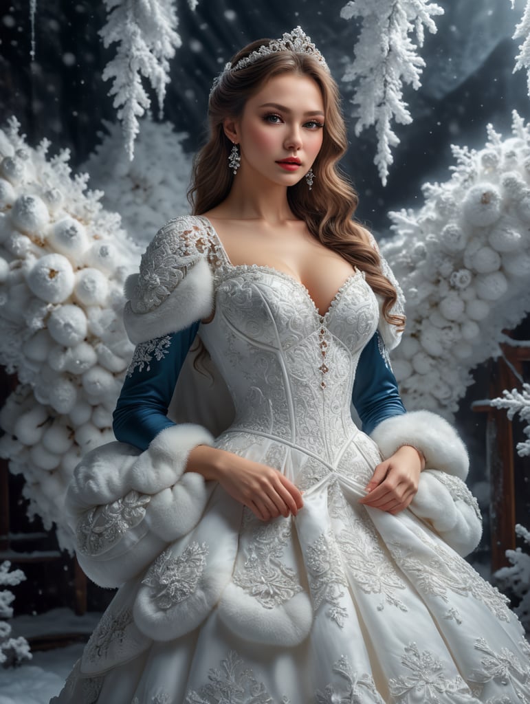 beautiful Russian girl in a photo studio, she is wearing a huge white dress that looks like pillows. Russian winter with frost in the background