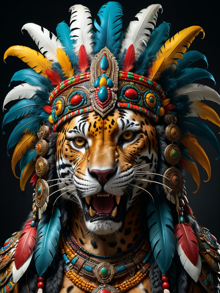 indigenous headdress with the head of a jaguar, 4k, dark Background