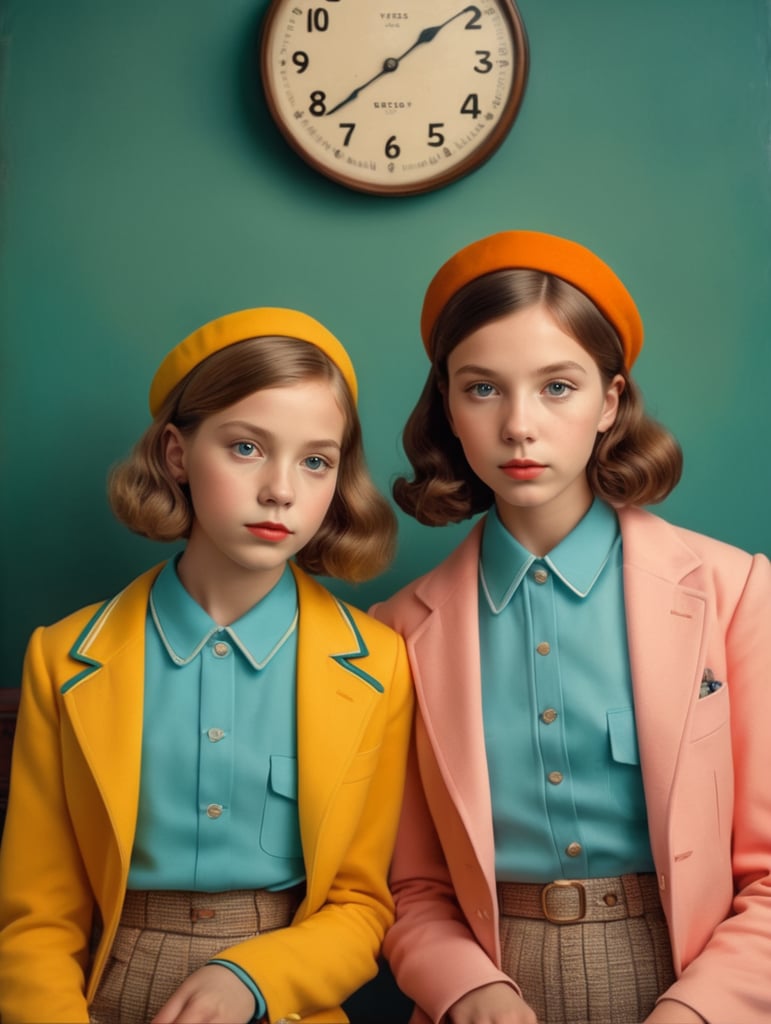 Vintage portrait of two girls, Wes Anderson style, Incredibly high detail, Bright colors