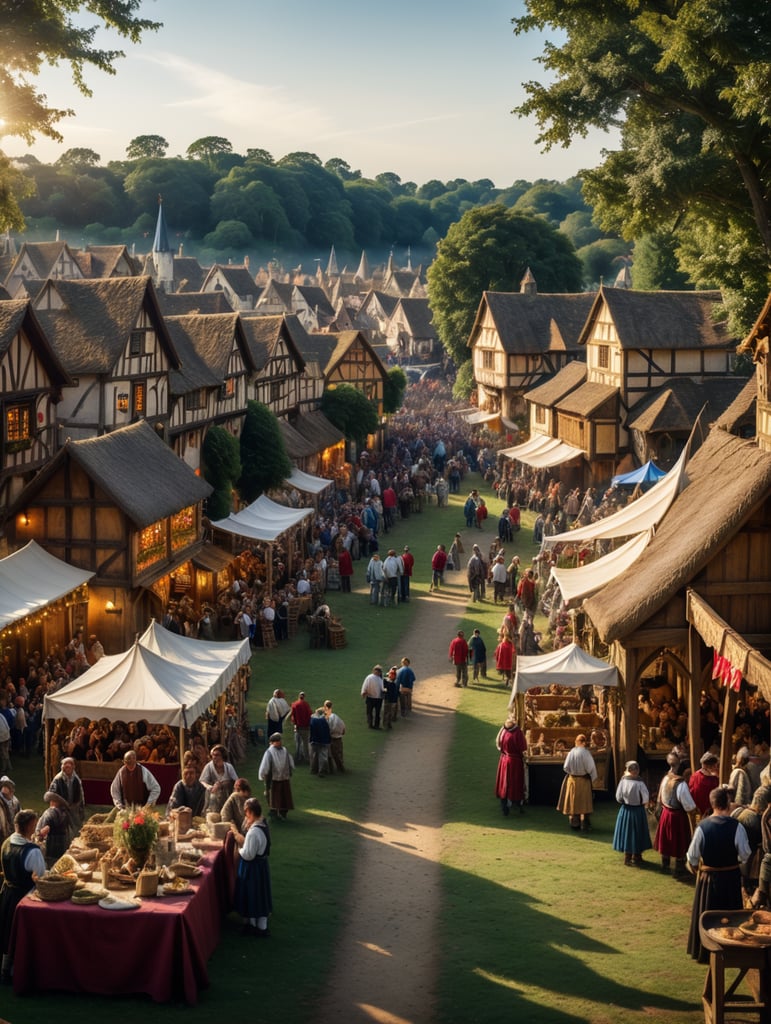 A medieval-inspired creative concept is depicted in a tilt-shift photograph capturing the joyful ambiance of a village fete and fair