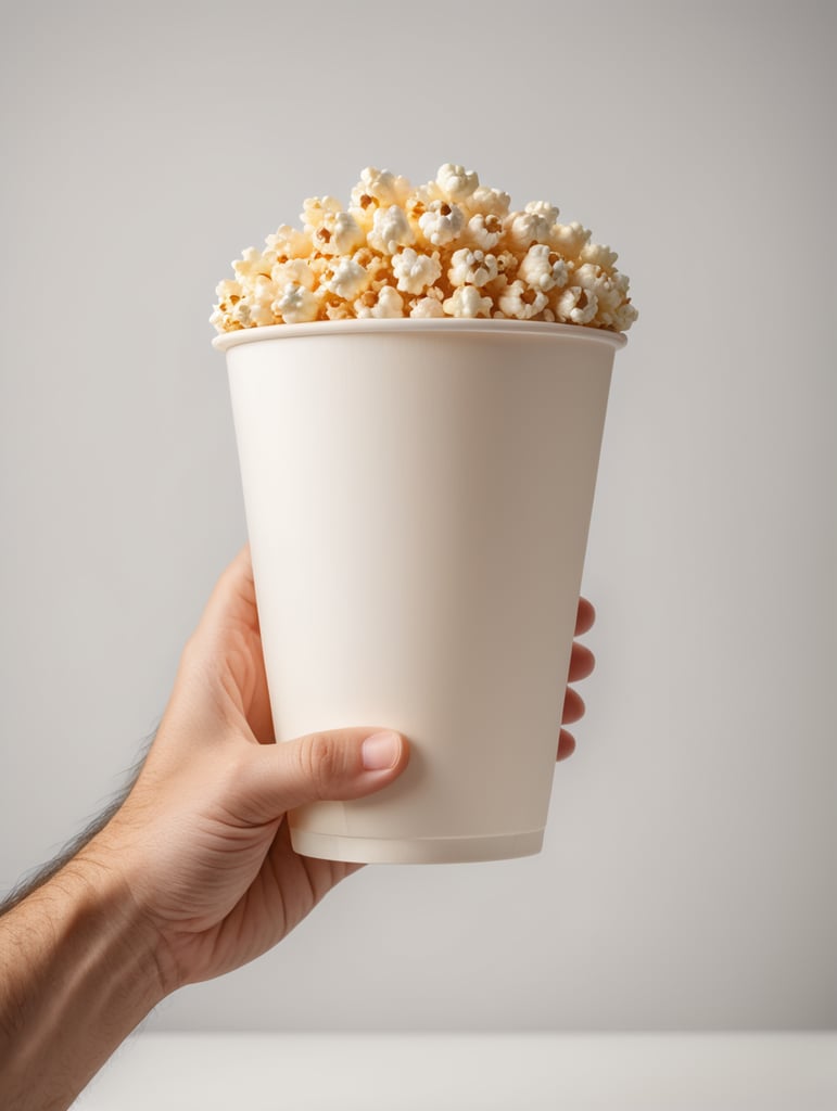 A cartoon hand is holding a popcorn cup, cartoon, 3d render, soft light, white background, mockup, mock up