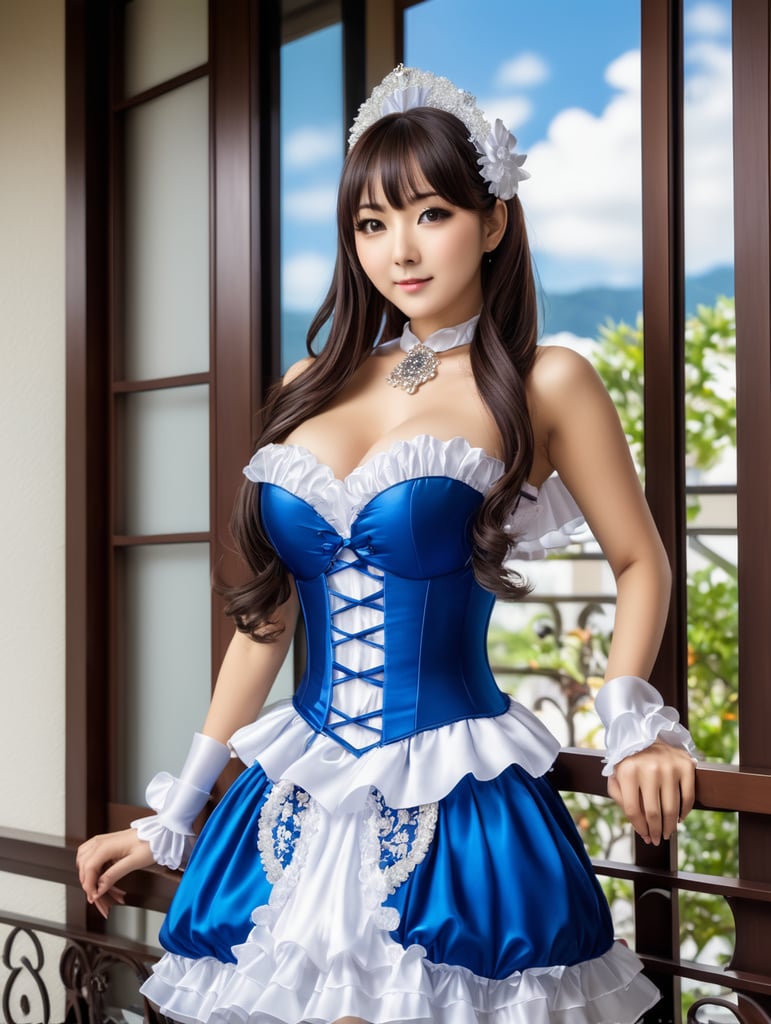 Tanaka hitomi wearing fancy dress, standing by balcony