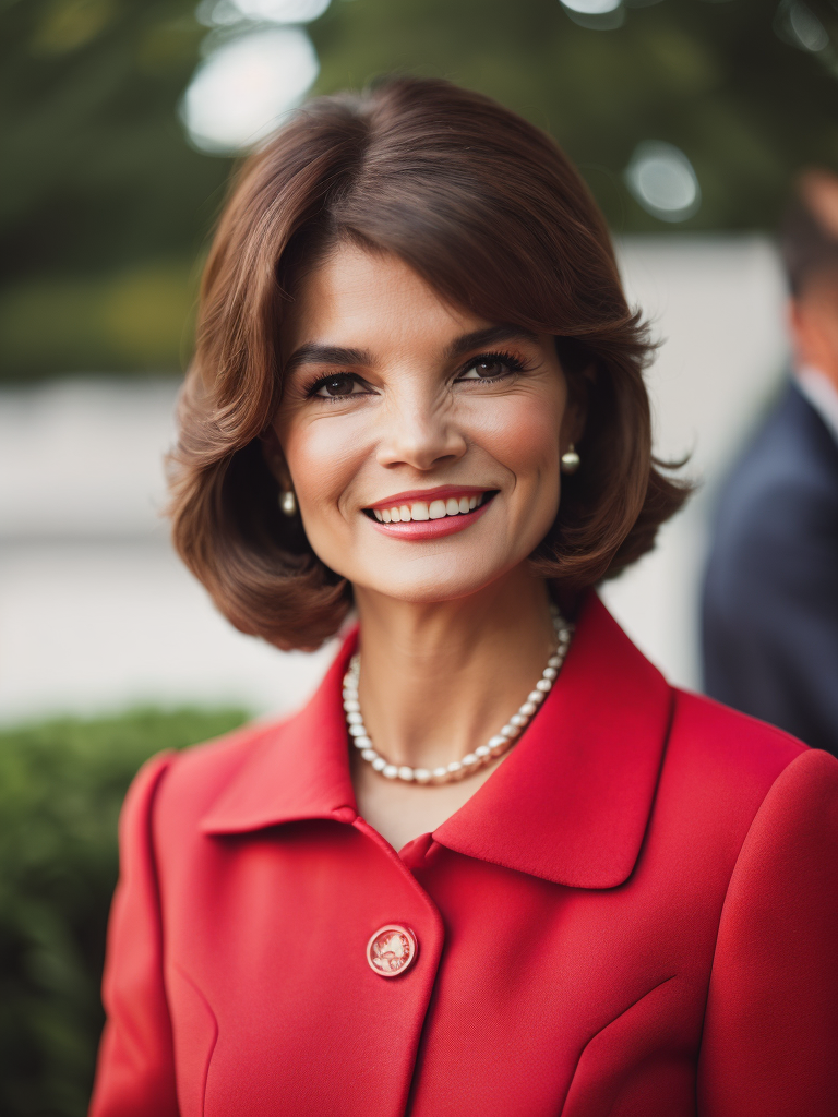 Portrait of (((first lady jacqueline kennedy)) in a red oscar de la renta suit gan, portrait in the white house backyard, sharp focus, highly detailed, photorealistic photoreal: 1.4, lifelike,highly detailed CG unified 8K,looking at the viewer smiling, (HQ skin:1.4), 8k uhd, dslr, soft lighting, high quality, film grain, Fujifilm XT3, smiling front camera.