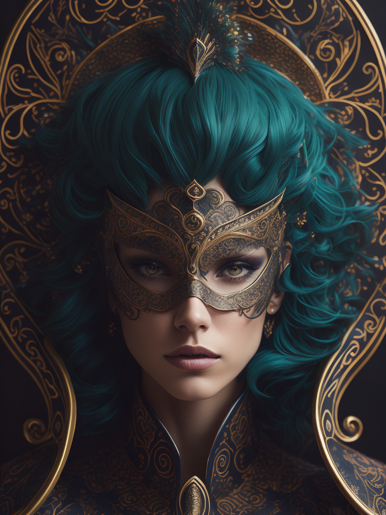 Centered detailed portrait of a masked woman wearing a venetian mask, vibrant peacock feathers, intricate, elegant, highly detailed, digital painting, artstation, smooth, sharp focus, illustration, illuminated lines, outrun, vaporware, intricate venetian patterns, cyberpunk darksynth, by audrey kawasaki and ilya kuvshinov and alphonse mucha