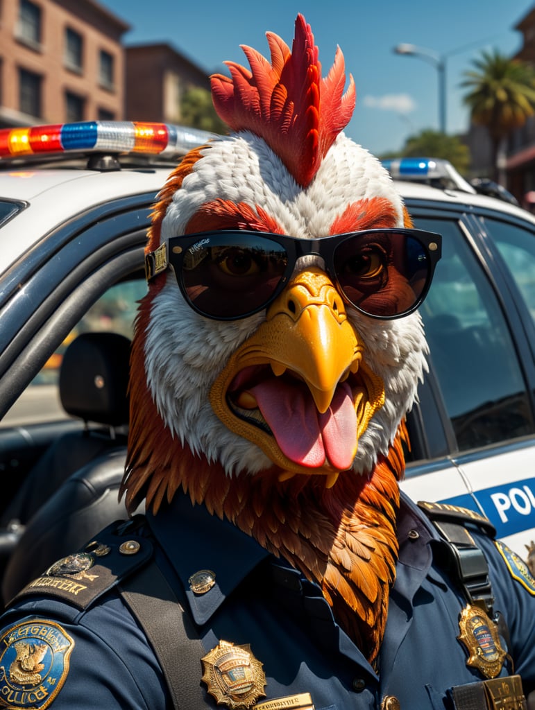 Rooster police officer, sitting behind the wheel of a police car, close-up shot, sunglasses, clipart, stock photo