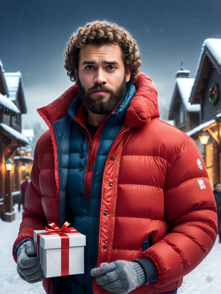 portrait of a bearded curly man wearing red puffer jacket, stands front camera with gift box his hand, snowy weather, Christmas time