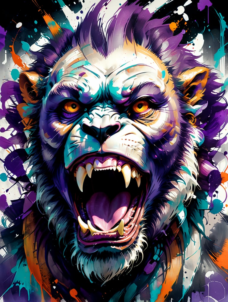 A close-up of the face of a purple gorilla with a lion's mane shouting on white background