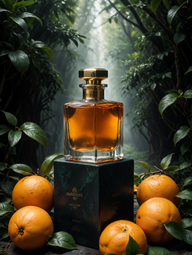 professional photography of a luxury perfume, orange fruits around, orange forest, green satin scarf, no label, clear, mockup