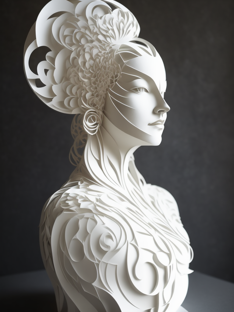 White cut paper sculpture woman, focus on details