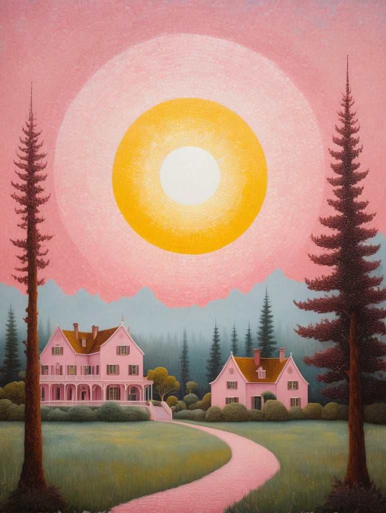 A beautiful crimson sky with a yellow sun painted in the style of Van GoghVan Gogh with light colors in reverse douste, a magnificent landscape in pink and white with a Victorian style mansion painted in pale pastels and whites in the style of Renior, and pointillism technique in the style of George's Seurat Triptych oil painting by Hieronymus Bosch, lost paradise, fantastic, hybrid, absurd