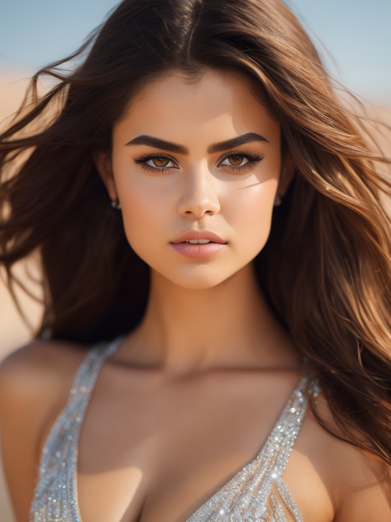 Portrait of Selena Gomez, swimsuit made of diamonds, chrome, structured outfit, contrast light, bright and saturated colors, elegant, highly detailed, vogue, fashion magazine, sharp focus, Depth of field, Incredibly high detailed, against the backdrop of sand dunes,