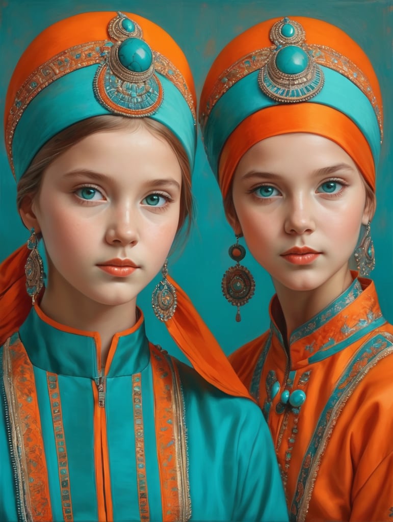 Portrait of two young girls wearing Coifs, half lenght, Wes Anderson style, Incredibly high detail, Bright colors, Turquoise, blue, orange
