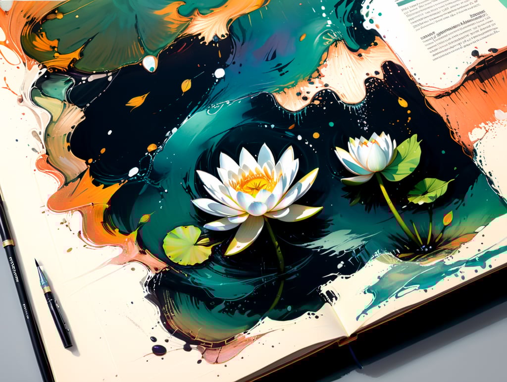 Водяная лилия на книге. Рыбы. Аист