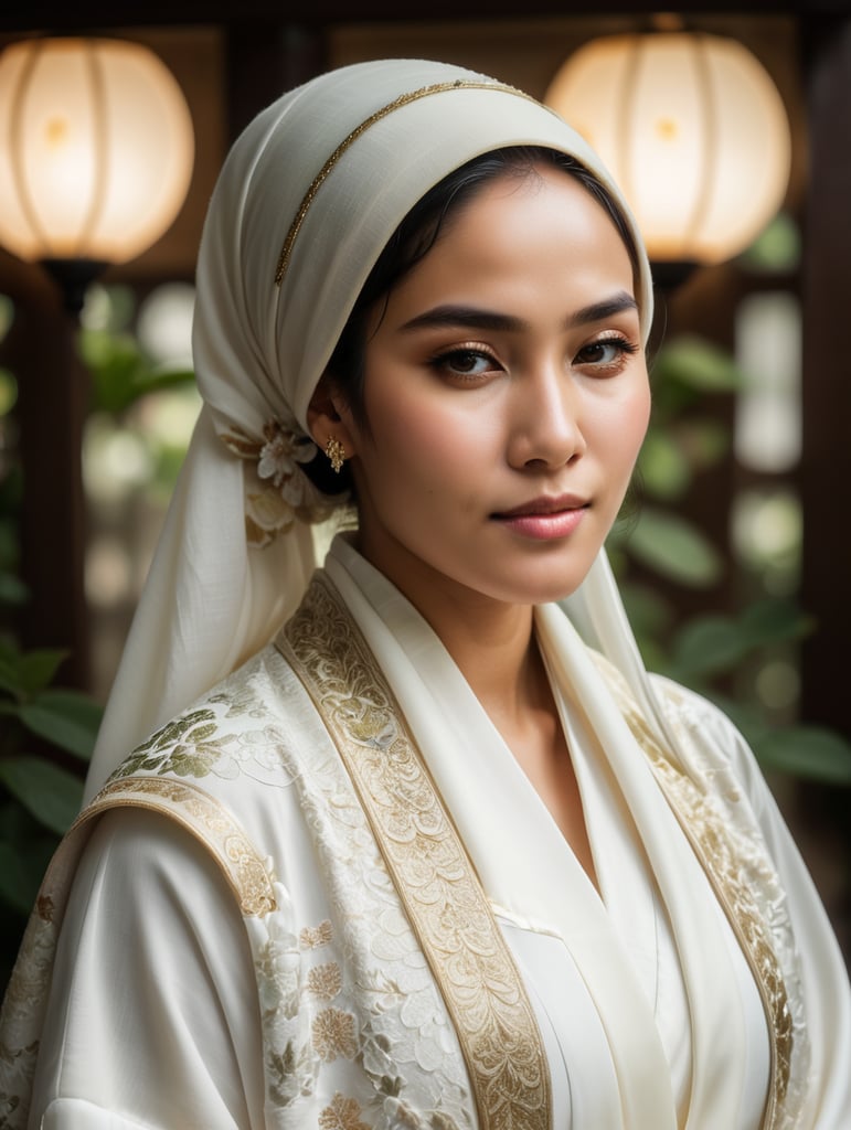 Indonesian women with hijab in white kimono