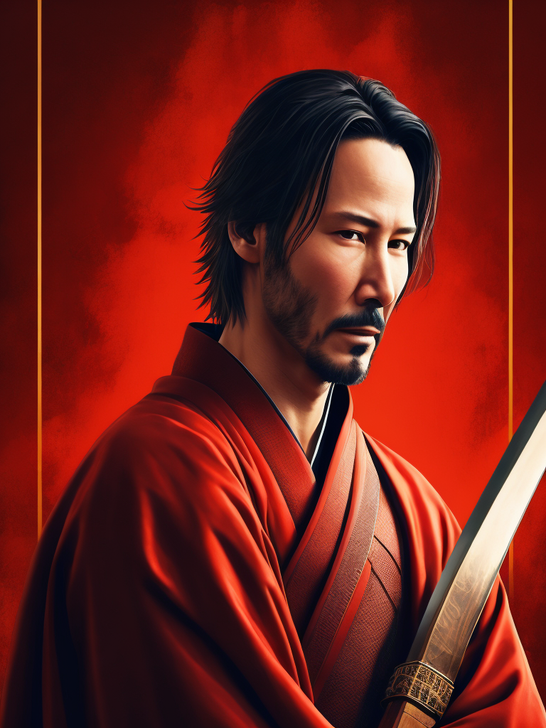 Portrait of Keanu Reeves as a samurai in a red kimono, serious look, detailed background in an oriental style, bright saturated colors