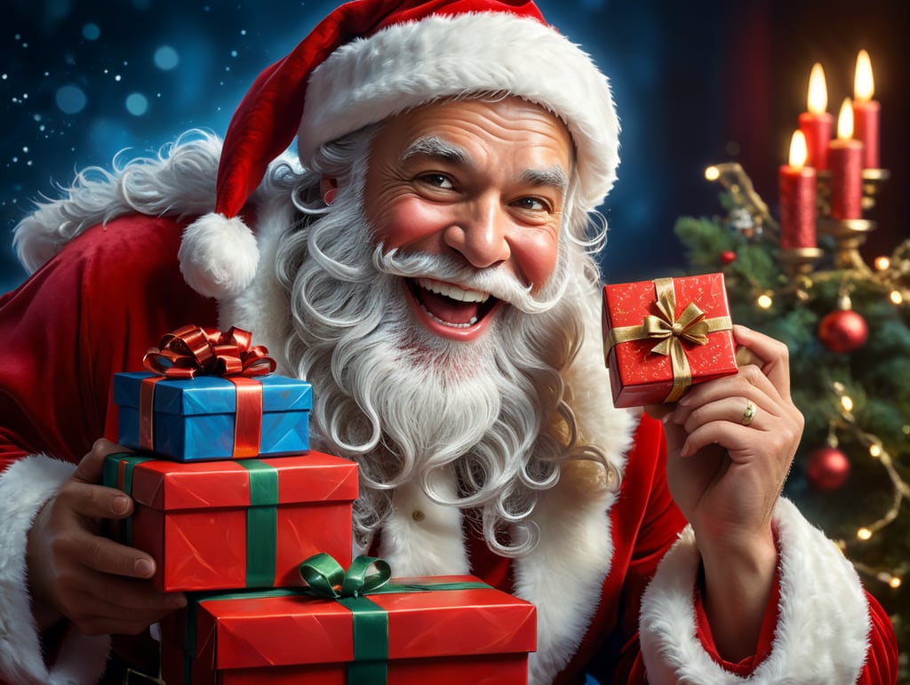 Portrait of Santa Claus smiling, one tooth missing, holdind a Red Chritmas Gift Box, whimsical facial expression, flowing white beard, jolly caricature, saturated colors, red outfit, sharp focus, portrait photography, depth of field, dramatic candlelit lighting, incredibly high detailed, blue background, blurred background,