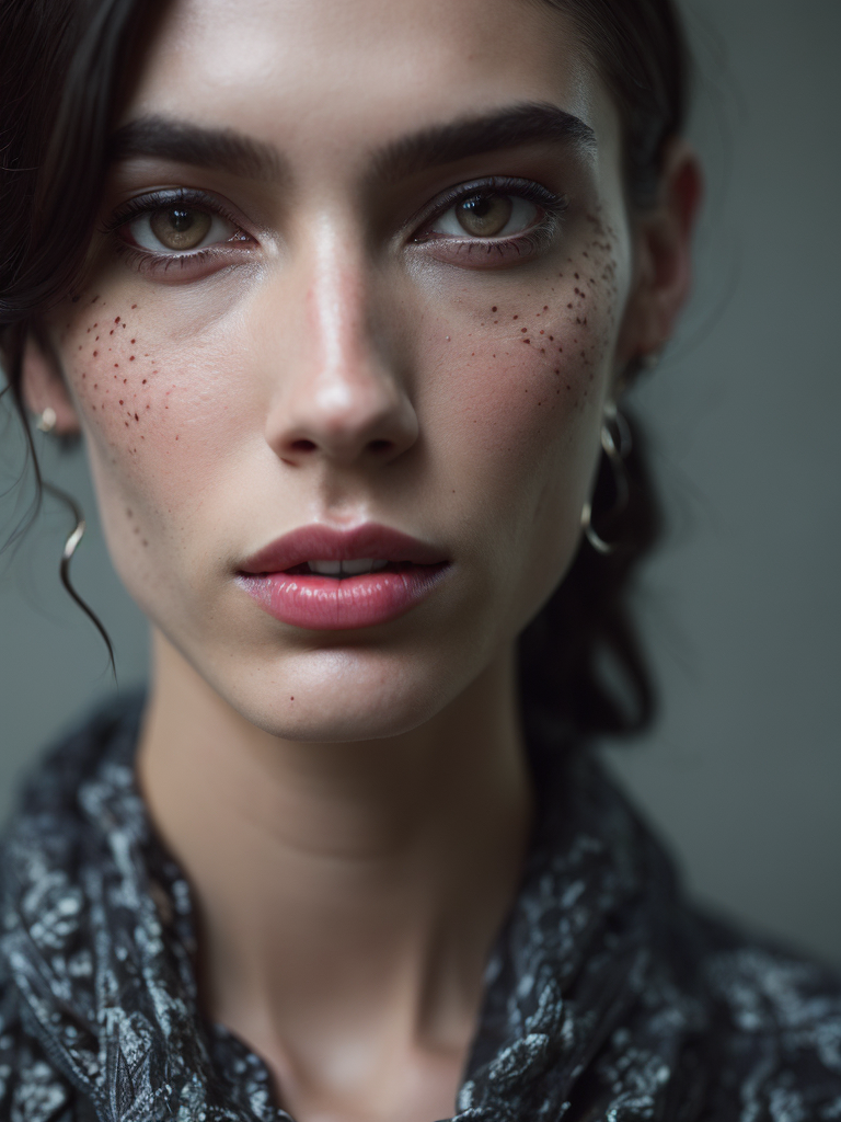 A photo close-up of a beautiful black haired woman with freckles, fashion editorial, studio photography, magazine photography, pointed nose, blurry background