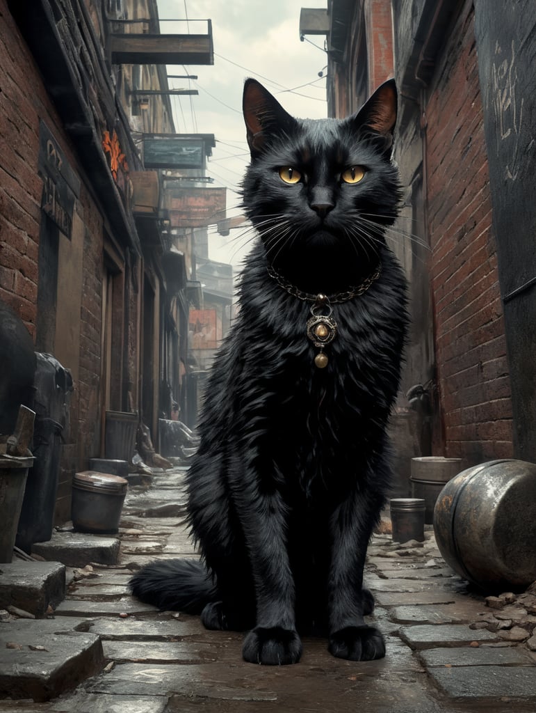 black punk cat, frank miller style, in the alley