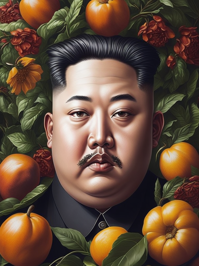 a painting of Kim Jong Un head surrounded by flowers and fruit, Painting, Oil, Still Life, Botanical, Italy, style of Giuseppe Arcimboldo