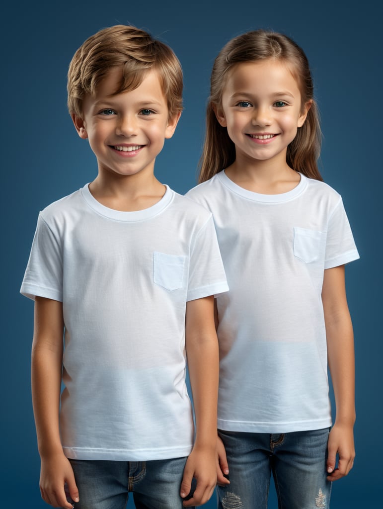 a boy and girl wearing white t-shirts, standing in front of blue background, blank shirts no print, 12 years old smiling toddlers, photo for apparel mock-up