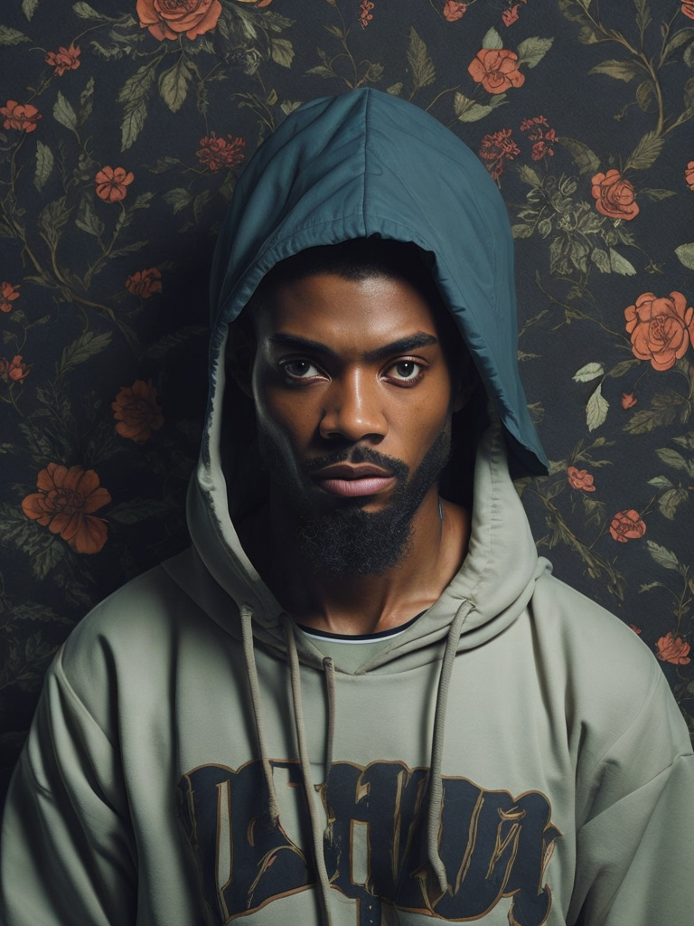 Famous black rapper displayed in illustration format, oil paint, on a gothic floral background - cherry and black colored