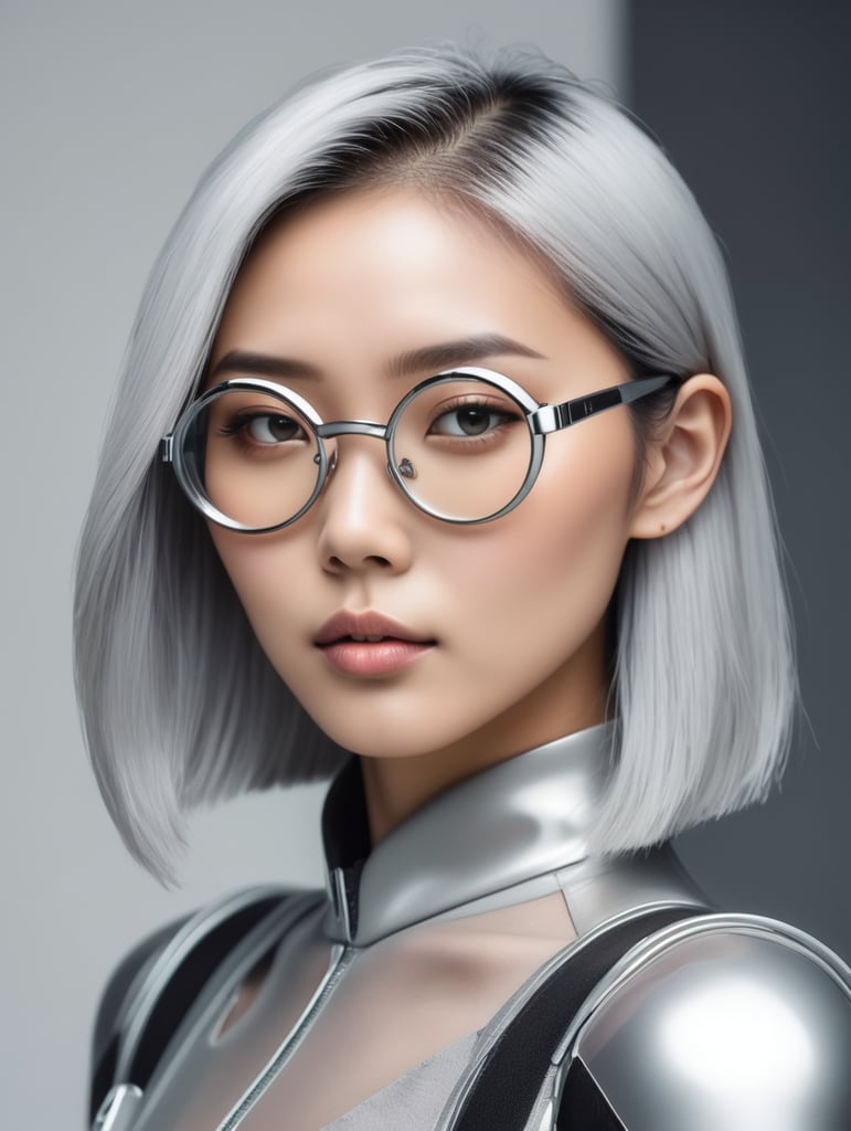 girl with slim Asian features with silver hair and futuristic glasses