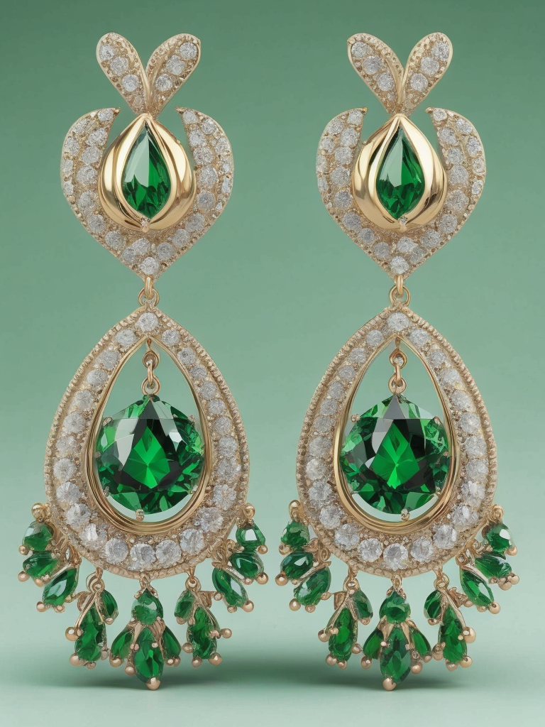 Queen gold jewellery earrings adorned with emeralds, green gradient background, vibrant colors, high detail, contrast light, sharp focus