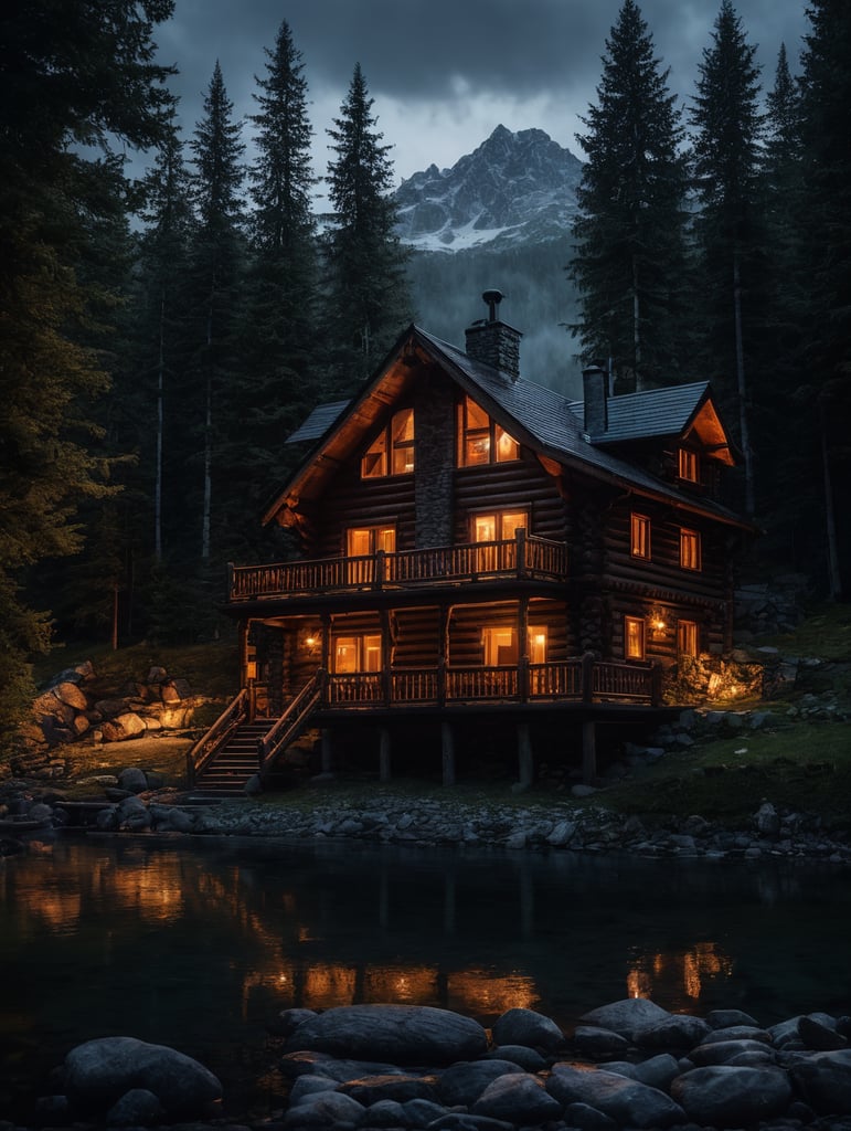 Professional evening photo of a small and cozy Log mountain cabin, mountains, lake, forest