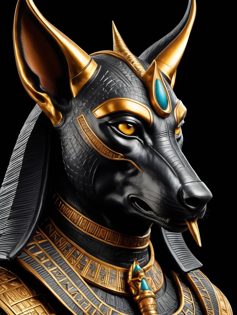 Egyptian god Anubis, portrait, hyper-realistic, dark style, focus on face, sharp on details, black background