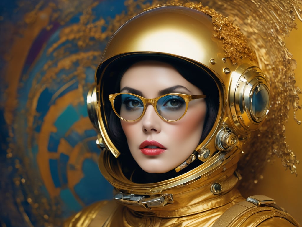 In 1998, abstract fashion photography captured a 1960s astronaut woman in a gold spacesuit with a large helmet and glasses. The art, created by Victor Moscoso and Bridget Riley, used Kodak Ektar 100 film. Carne Griffiths added a touch of magic with fluid art, while artists like Conrad Roset, Ilya Kuvshinov, Mark Fielding, and Zwy Studio emphasized high lights in the eyes. Sergio Lopez and Natalie Shau also contributed to the artwork.