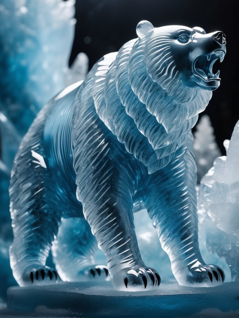 Highly detailed shot of an blueish ice sculpture in the shape of a Russian Bear, full-body shot, dramatic shattering ice background, full motion effects, diagonal view, ice crystal particles everywhere, back light, ultra sharp focus, high speed shot, subtle color, Bioluminescence, high quality