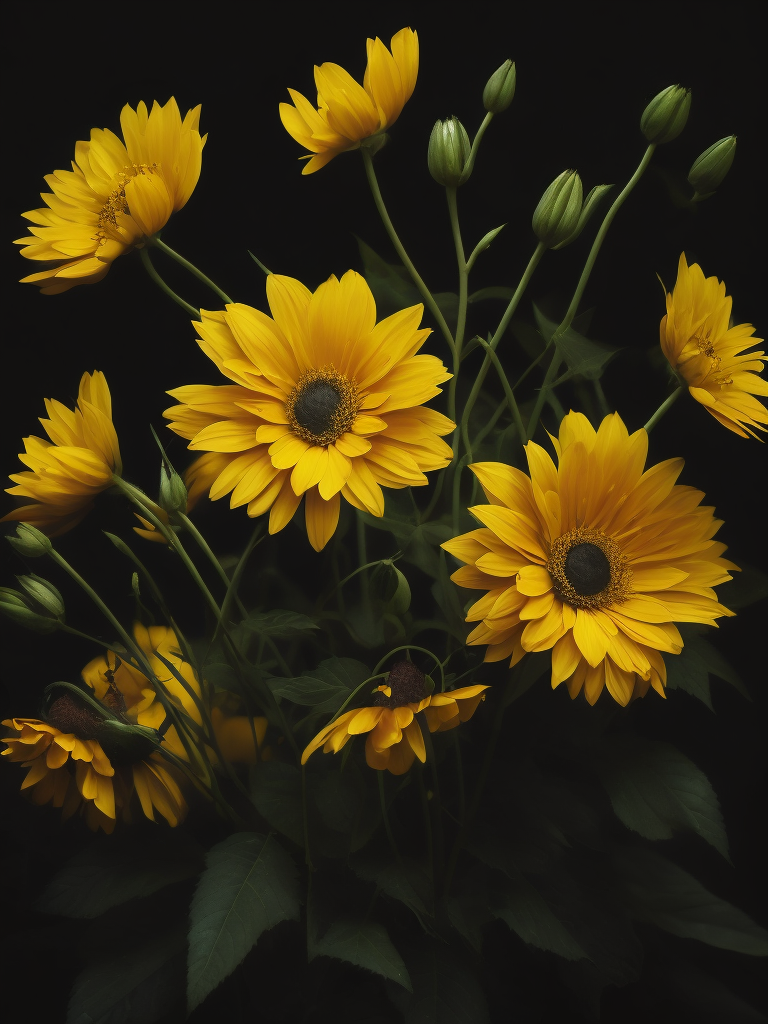yellow flowers, dark atmosphere, deep colors, clear details