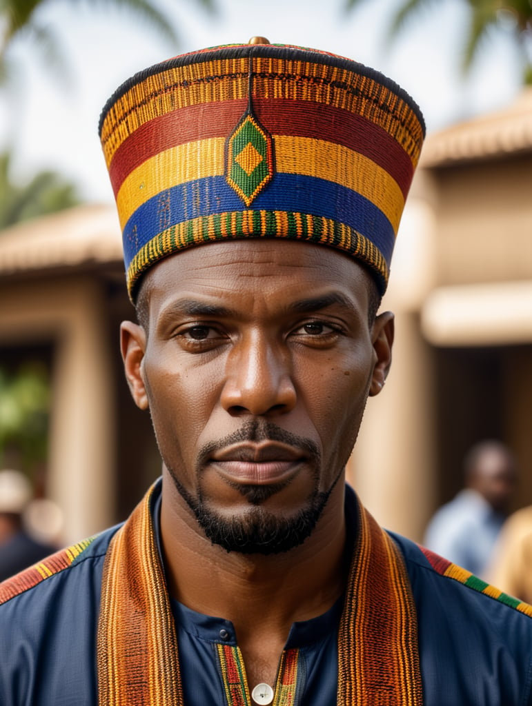 An african man wearing a fez hat made from a hand-woven kente pattern, Realistic, 50 mm lens, fashion,