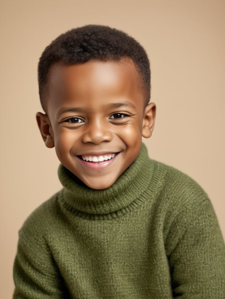 a potrait of a happy cute small 5 year old african boy in a green warm pullneck sweater smiling