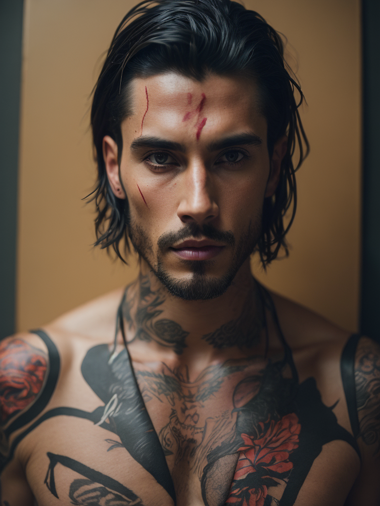 Portrait of a handsome indigenous male gang member, tattoo of a red bear on his chest, bright and saturated colors, elegant, highly detailed, vogue, fashion magazine, sharp focus, bright expressive makeup, dramatic lighting, depth of field, incredibly high detailed, blurred background'