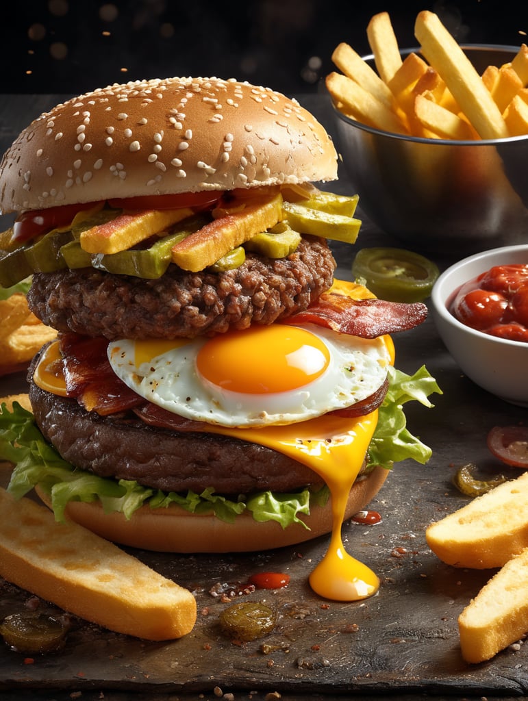 high quality cinematic food explosion hamburger with egg bacon cheese pickles ketchup fries
