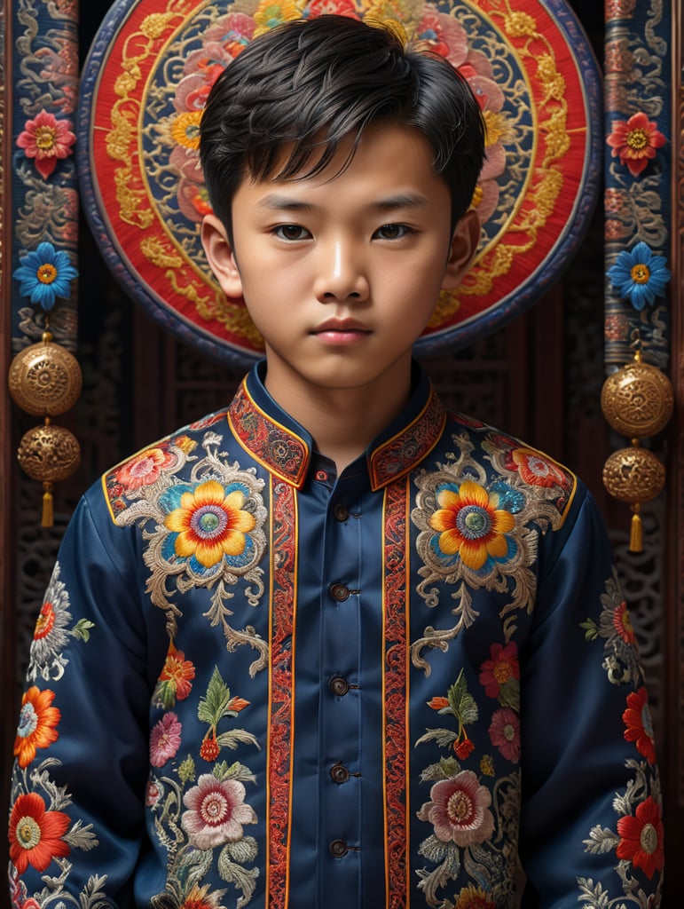 A young Chinese boy stands proudly in his traditional embroidered shirt, surrounded by vibrant colors and intricate patterns. The 8K Ultra HD resolution captures every detail of his outfit, from the delicate stitching to the rich textures. With the use of octane render, this 3D image comes to life in a stunning isometric view.