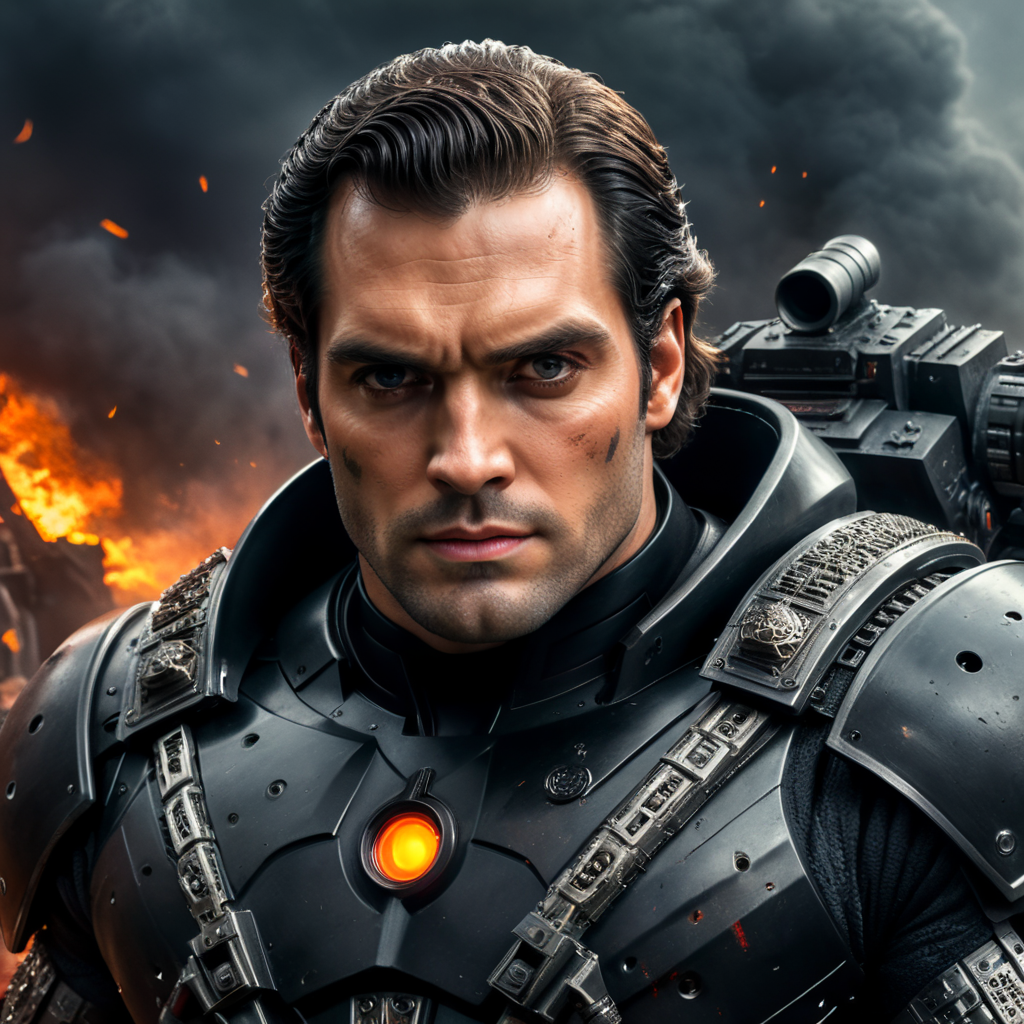 Portrait of a Henrycavill wearing scary Halloween costume, holding a gaint machine gun.