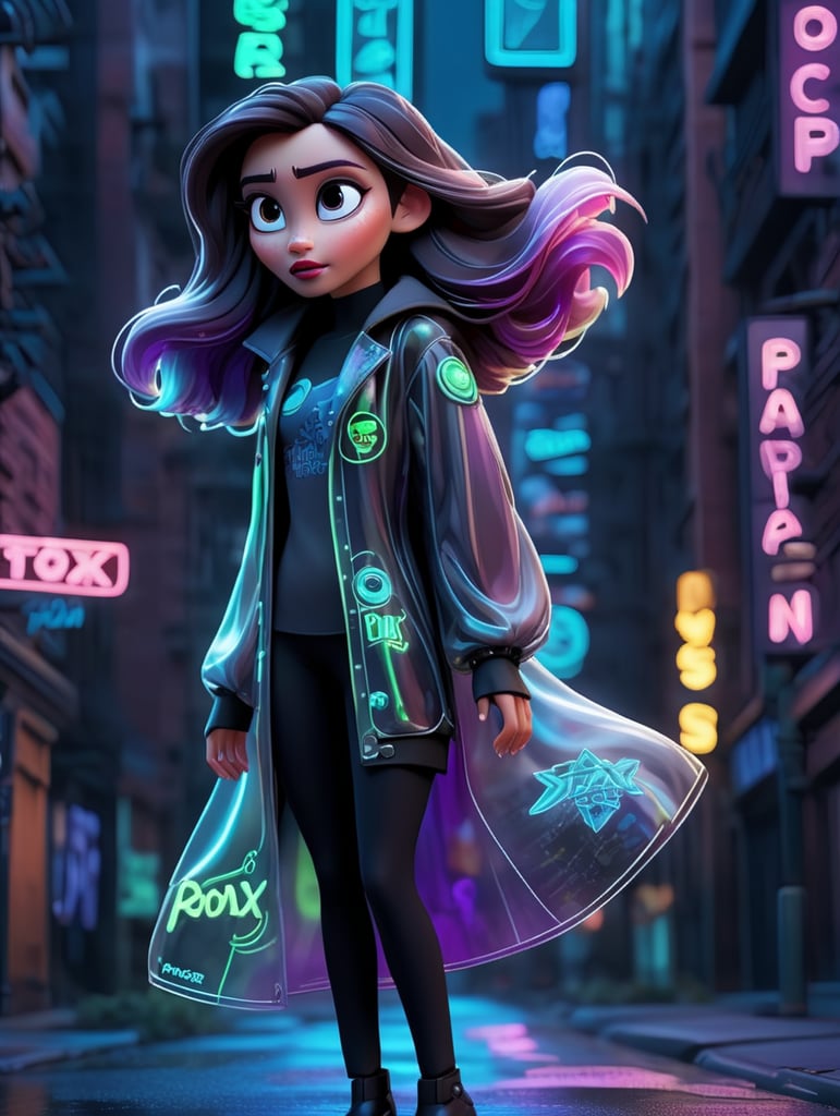 A women wearing translucent coat, standing on a street, neon cyber city, dark night, neon signs