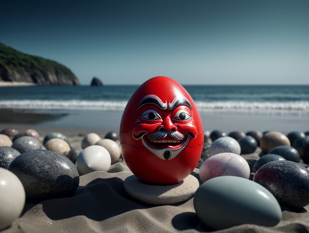 Japanese happy small daruma figure as an red egg. Situated on a beach close to the sea. Left has no pupil