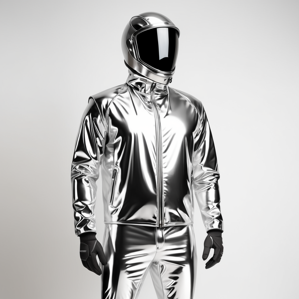 A realistic photo of a chrome shiny jacket on a invisible mannequin, coverall with reflective material, isolated, white background