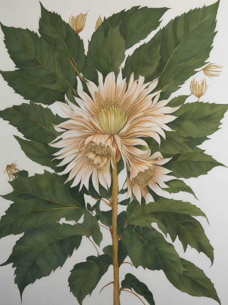 Ashoka Tree Flower, Leaves, Pod, and Seed ,Northern Renaissance,watercolor , gouache, papercraft, fading border,by Martin Schongauer and Maria Sibylla Merian