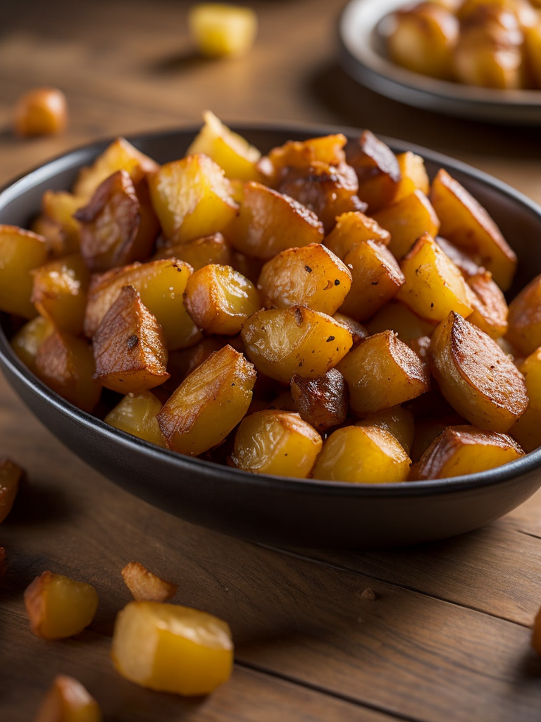 fried potatoes with juicy fried meat on a wooden background