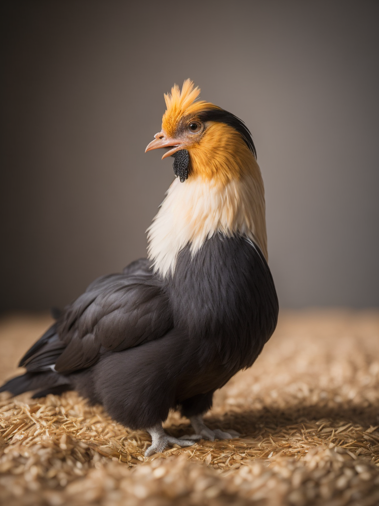 silkie bantam ( chicken) feeding on small pile of grain. plain background