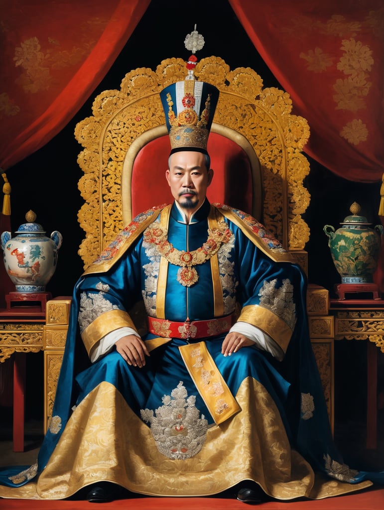 An 18th century painting of a vietnamese emperor sitting down, wearing european clothing and an asian imperial crown