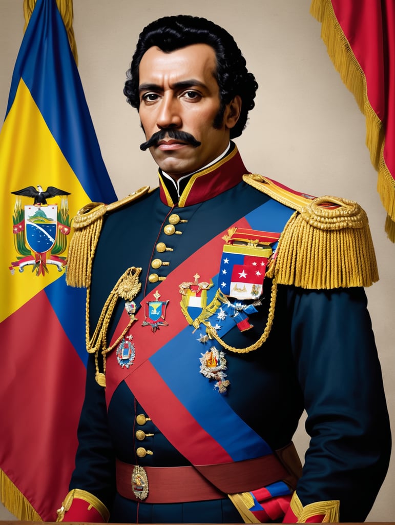 Simon Bolívar junto a unas banderas de Venezuela