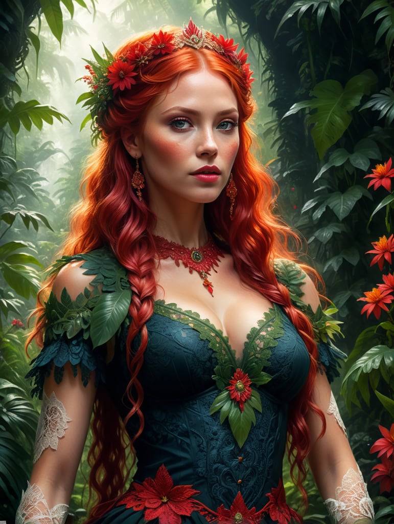 Portrait Of beautiful red haired bohemian queen wearing red colour lace surrounded by jungle Plants And Flowers art by Mike Mayhew and Mark brooks and Ross Tran 8K Resolution