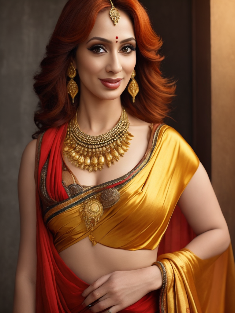 Young north indian girl in a saree, christina hendricks, massive downblouse, fit body, wearing saree, wearing kebama, vogue photoshoot, maxim photoshoot, ultra realistic, fair skin