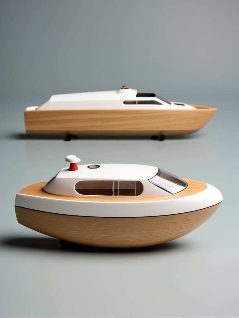 Bath toy speedboat designed by Dieter Rams. Ultra minimalist industrial design. Oak and injection molded plastic. Full object in view. Wide hull. Chibi style